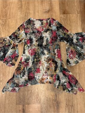 Dor Dor Couture Abstract Mesh Tunic Top Bell Sleeve Whimsigoth Boho M